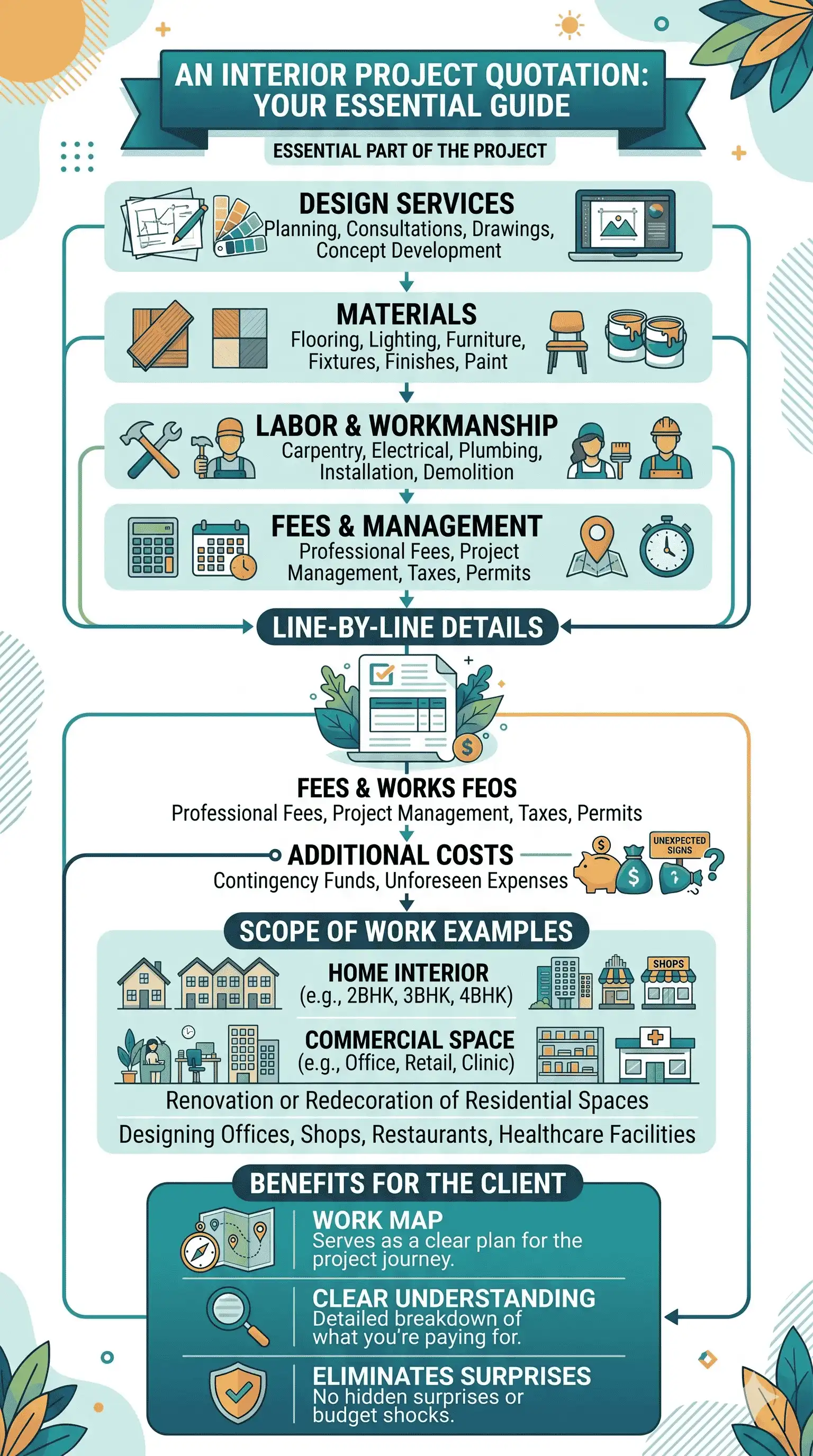 Infographic guide to interior design project quotations, detailing design services, materials, labor, fees, and scope of work for residential and commercial spaces