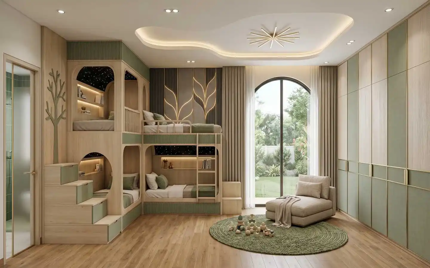 Modern kids bedroom interior with wooden bunk beds, sage green accents, and large windows in Delhi NCR