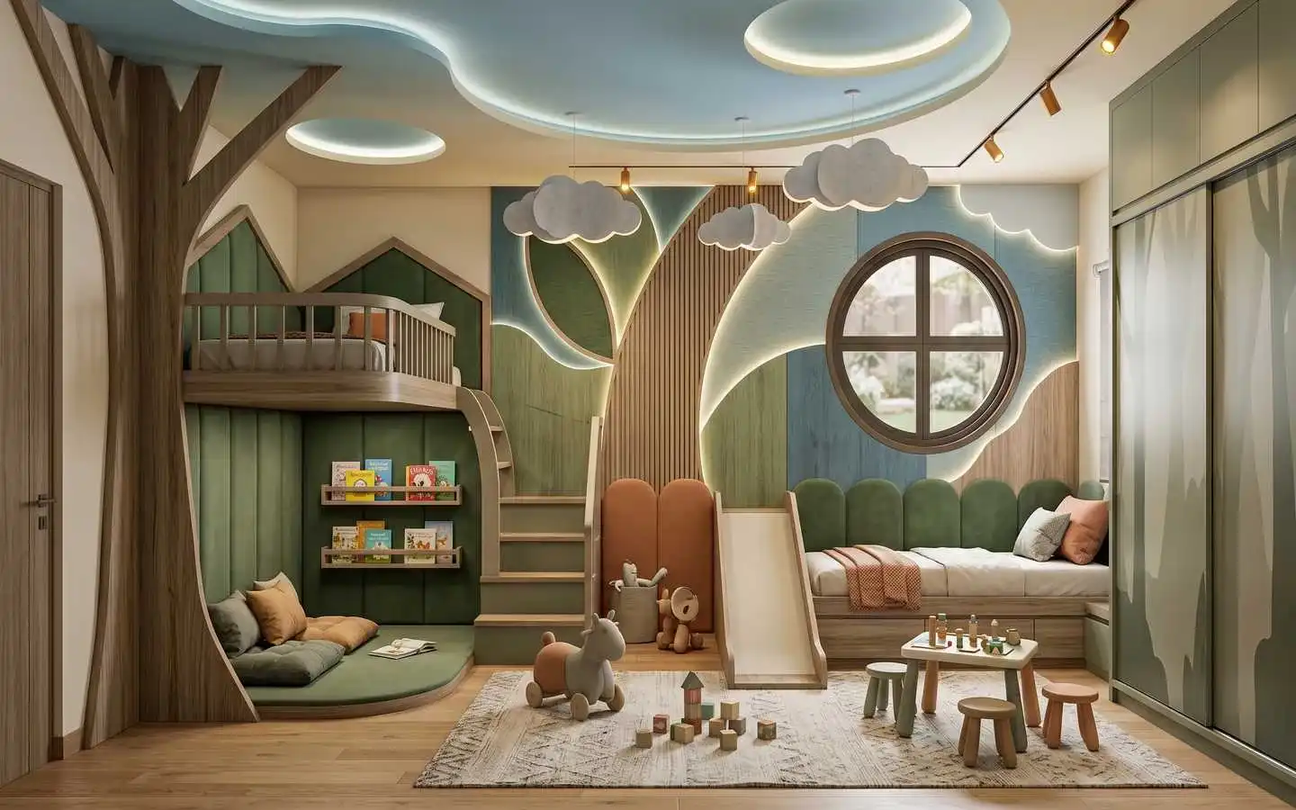 Custom kids' themed bedroom with indoor treehouse, slide, and forest-inspired decor by interior designers in Delhi