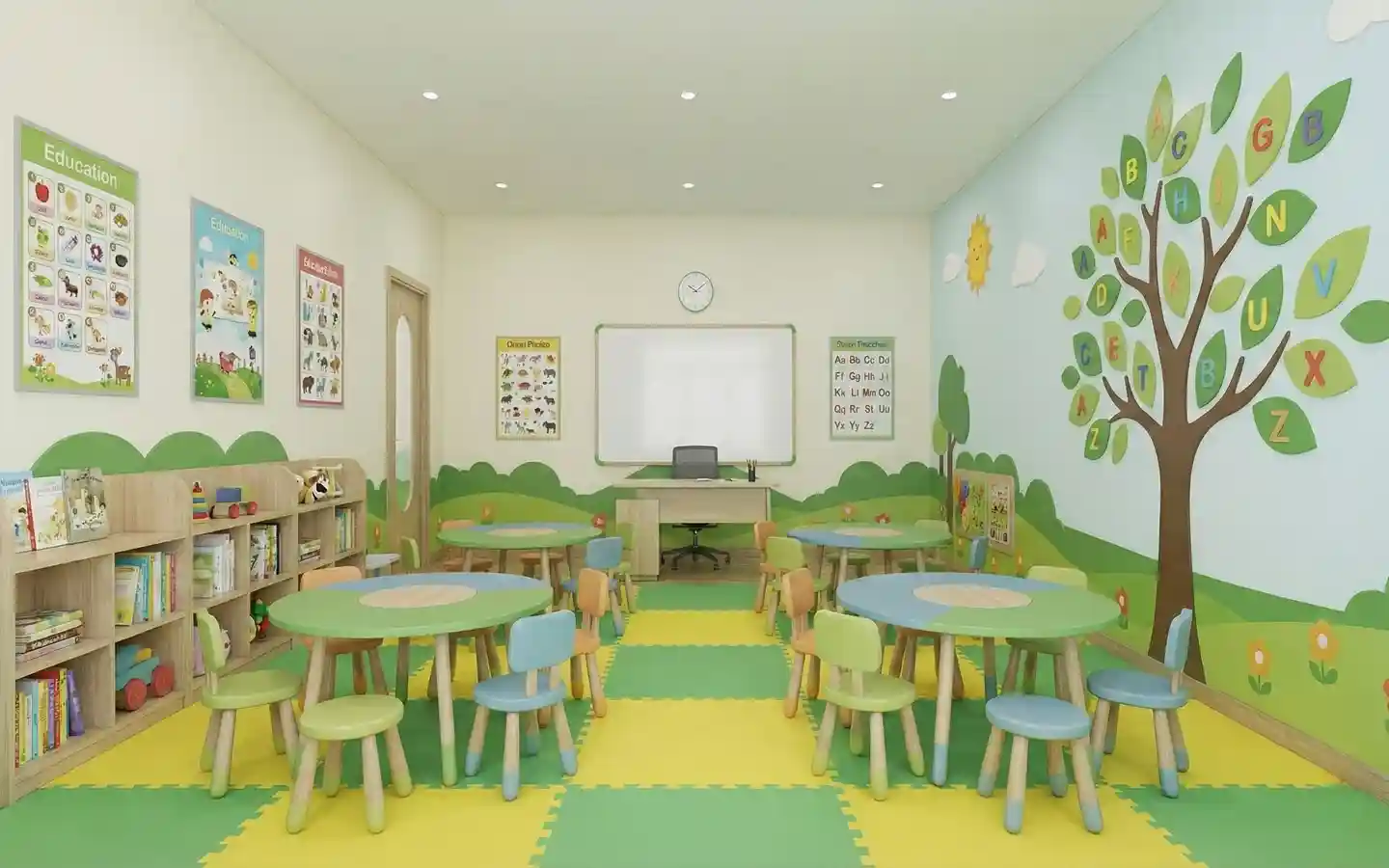 Modern kindergarten classroom with nature-themed wall murals, tree decal, alphabet tree, round green activity tables, and soft foam floor mats