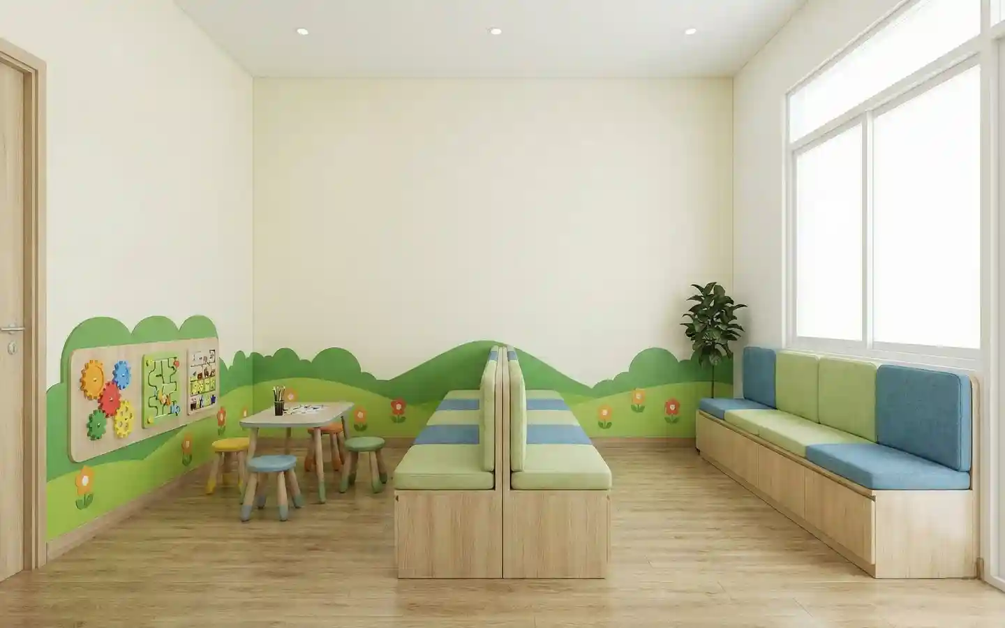 Kindergarten waiting area with custom green and blue cushioned bench seating, a nature-themed wall mural, and a wall-mounted sensory activity board for kids