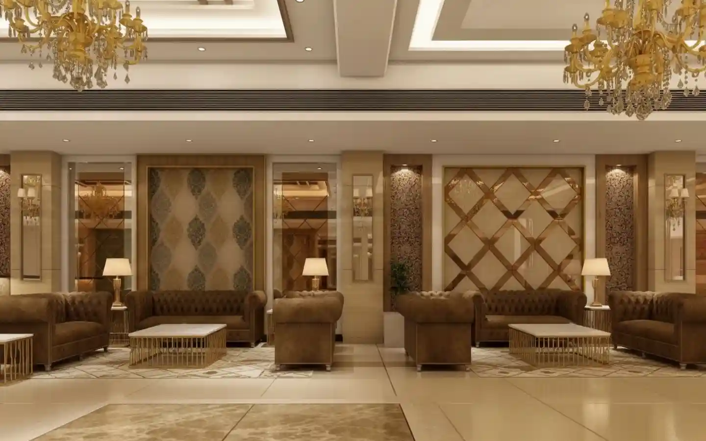Elegant banquet hall lounge area with decorative diamond-patterned wall mirrors, gold chandeliers, and brown leather tufted sofas