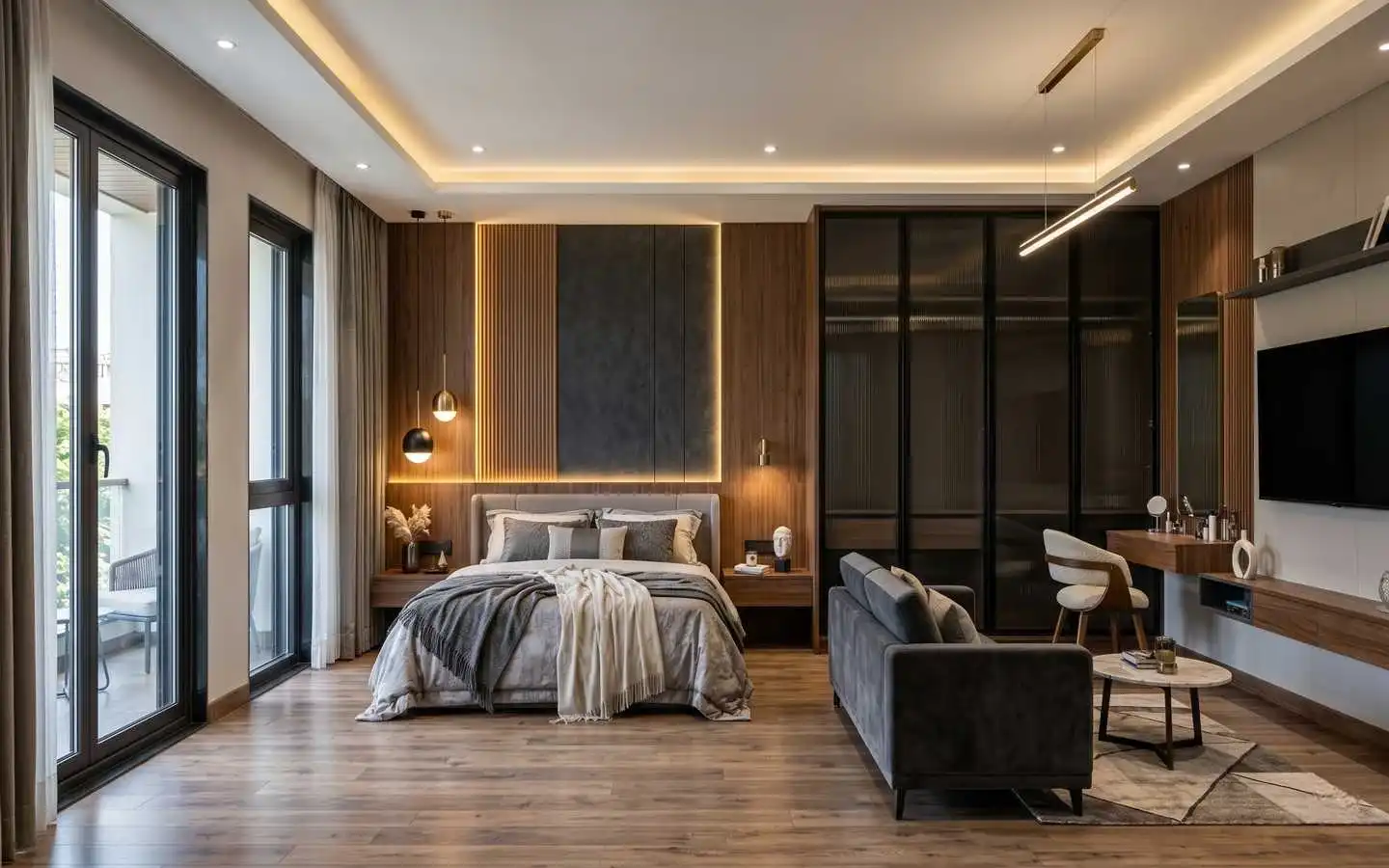 Latest modern luxury bedroom interior design featuring wood paneling, ambient lighting, and elegant decor in Delhi NCR
