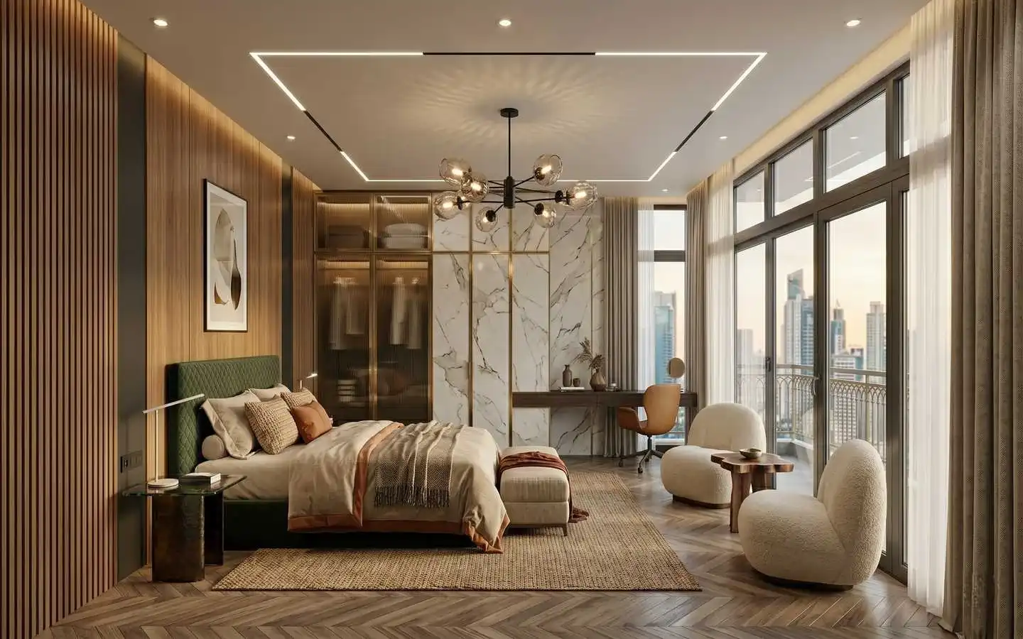 Modern luxury bedroom interior design with a green upholstered bed, marble wall accents, and city skyline view