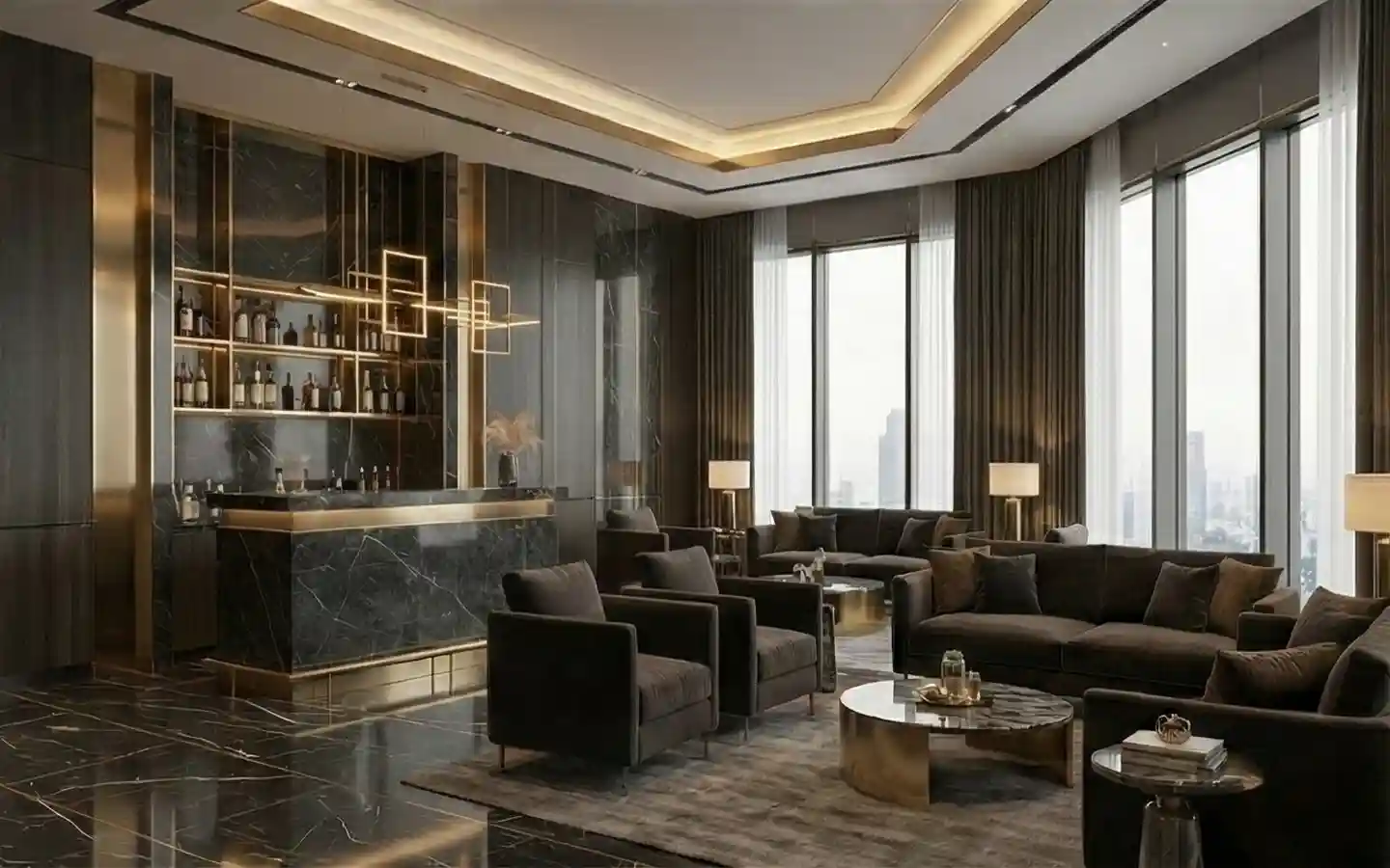 Elegant hotel lounge interior featuring a black marble bar with gold accents, plush velvet seating, and floor-to-ceiling windows overlooking a city skyline