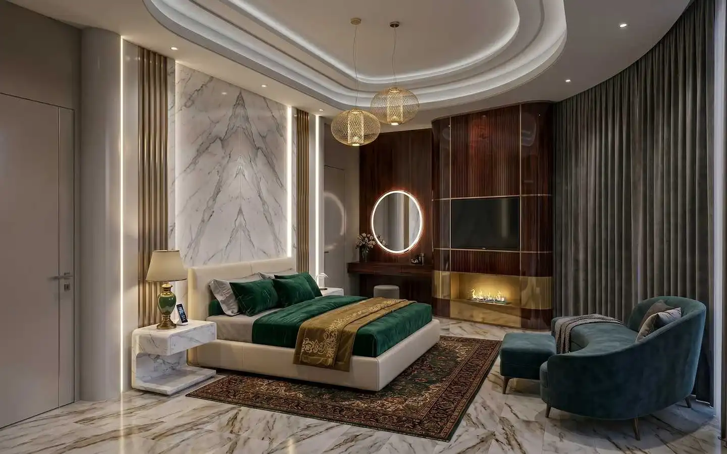 A luxurious bedroom interior featuring an emerald green bed, marble wall accents, a built-in fireplace, and modern gold pendant lighting designed by top interior contractors in Delhi NCR