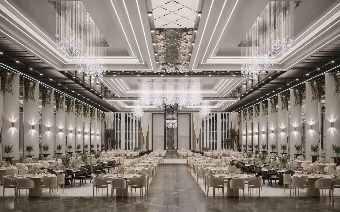Luxurious modern banquet hall interior with symmetrical tray ceiling lighting, crystal chandeliers, and elegant wedding reception seating