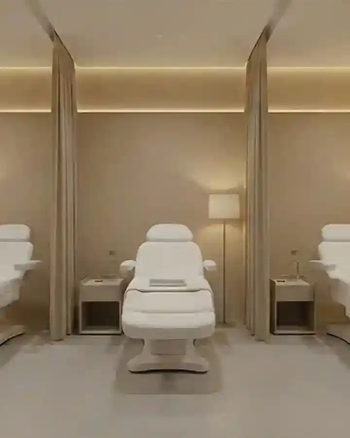 Luxury aesthetic clinic interior featuring white treatment chairs, beige privacy curtains, and warm recessed ceiling lighting for a spa-like atmosphere