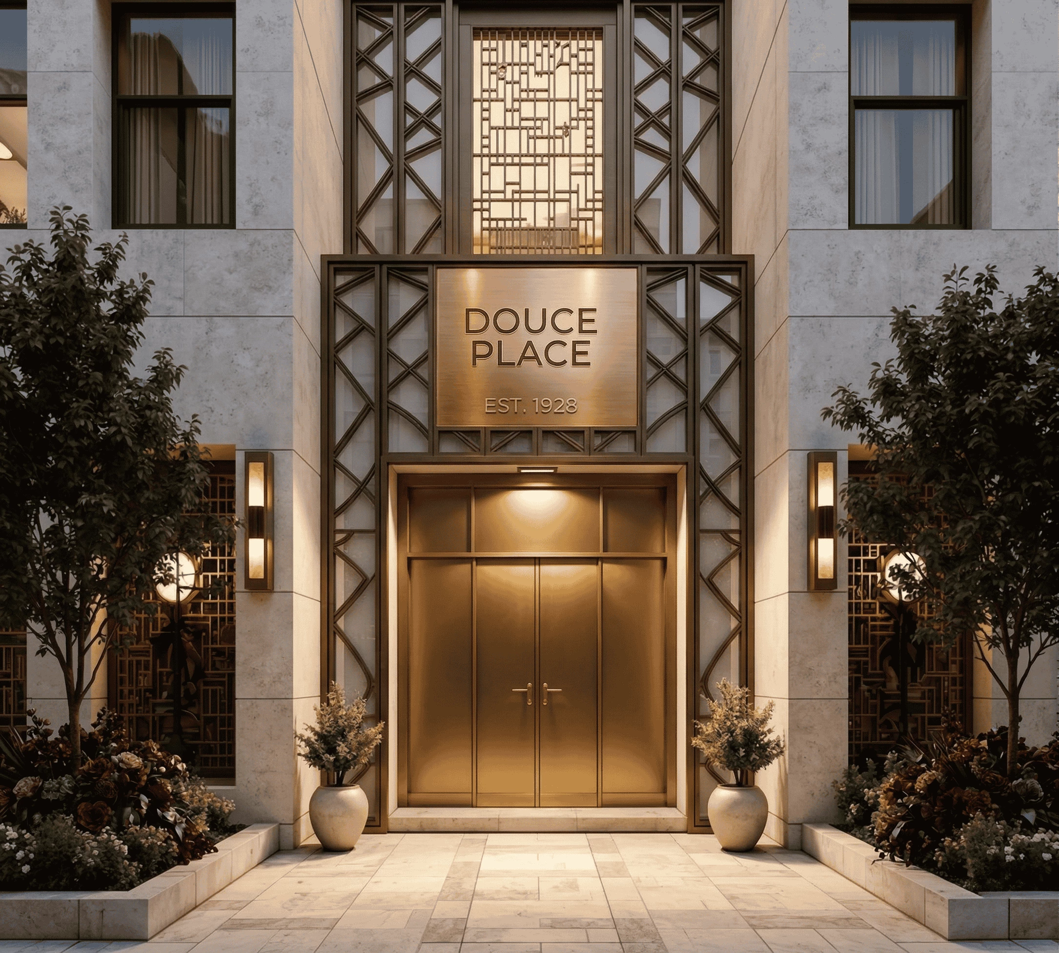 Luxury Art Deco building entrance for Douce Place featuring gold double doors, ornate metalwork, and symmetrical landscaping