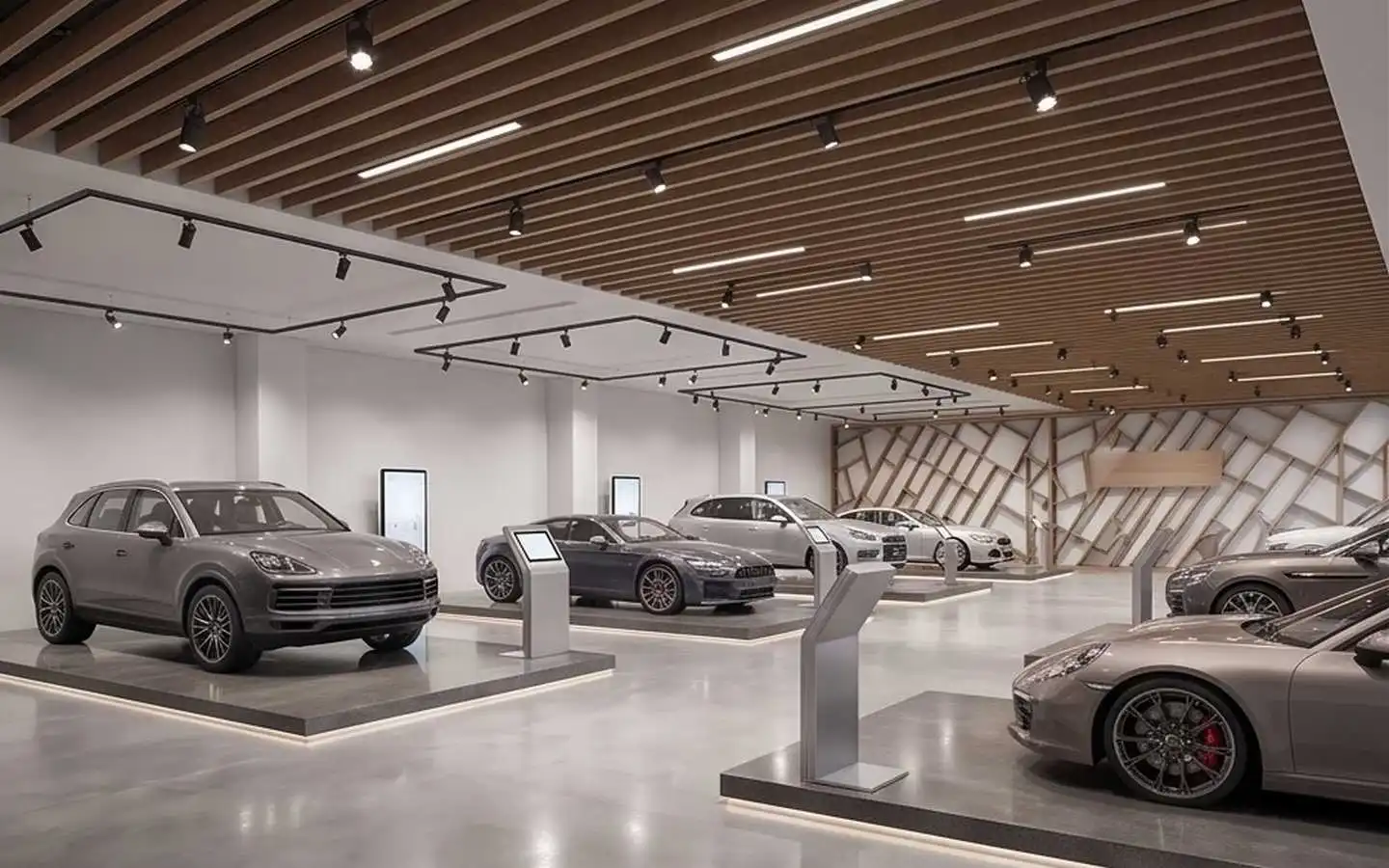 Luxury automobile showroom interior featuring a modern wood slat ceiling with integrated track lighting and high-end cars on display platforms