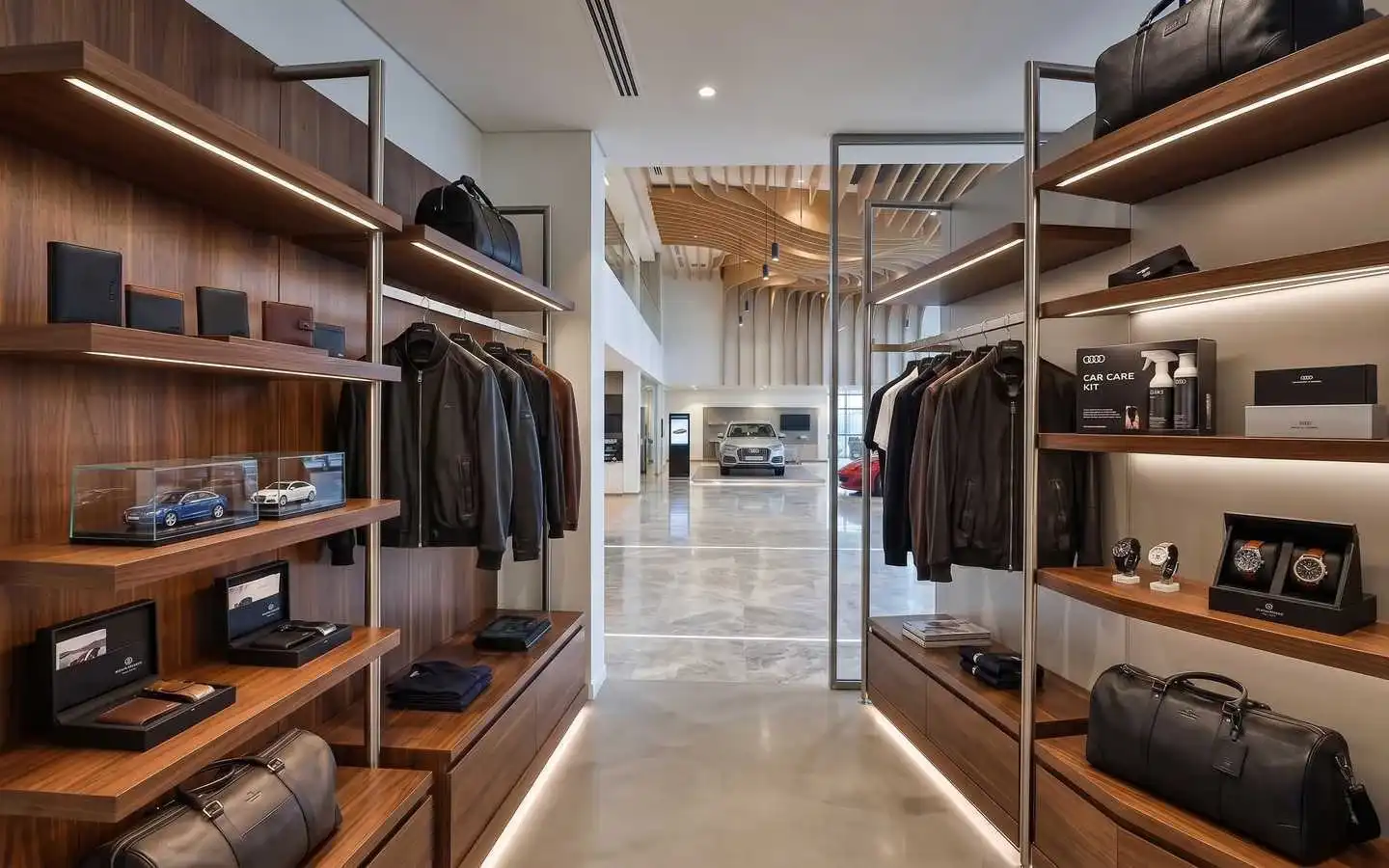 Modern automotive lifestyle boutique interior featuring custom wood shelving with integrated LED lighting, leather goods displays, and high-end apparel