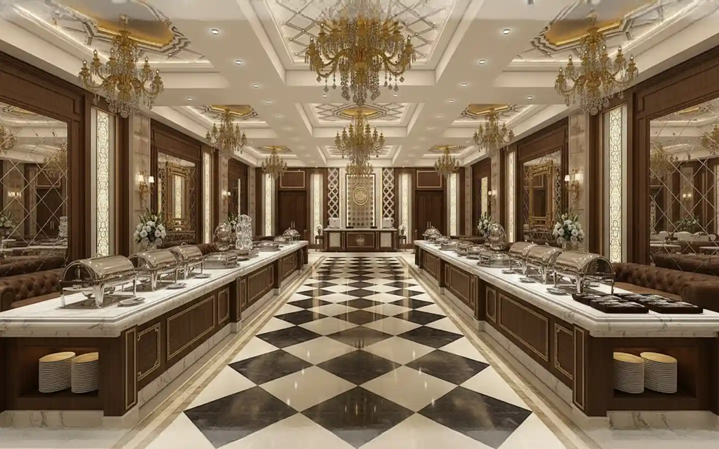 Elegant banquet hall dining area featuring a luxury buffet counter setup, checkered marble flooring, and ornate gold chandeliers