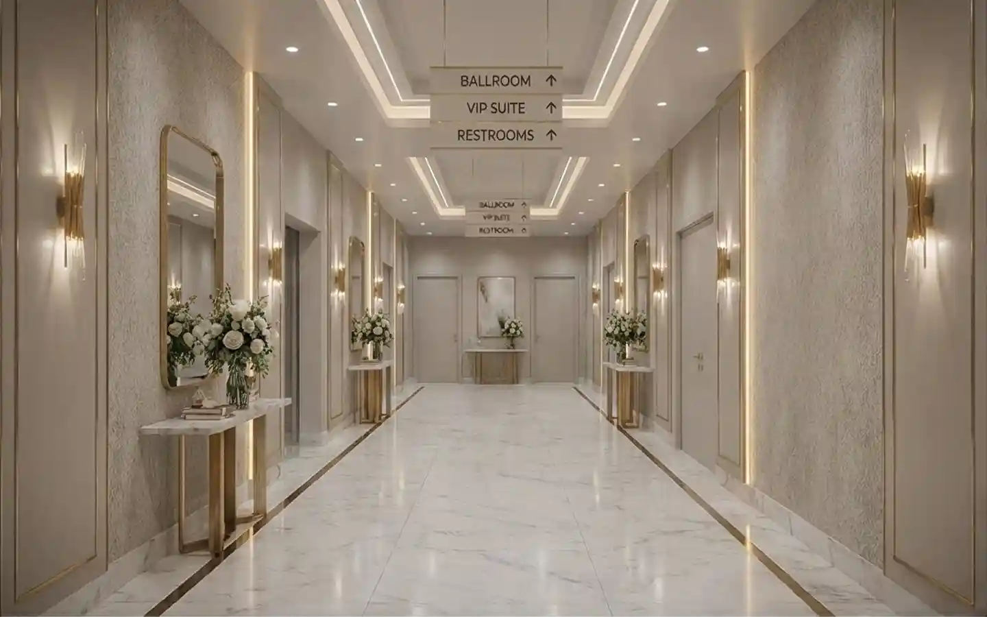 Modern luxury banquet hall corridor featuring marble floors, gold wall sconces, and elegant floral arrangements