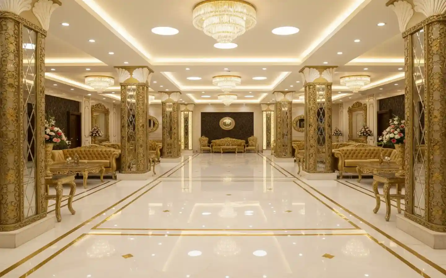 Opulent banquet hall interior featuring gold-leaf pillars, crystal chandeliers, and luxury velvet seating for high-end events