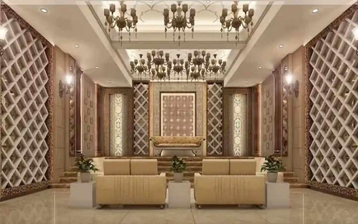 Grand banquet hall interior featuring a luxury wedding stage design with ornate chandeliers and decorative wall panels
