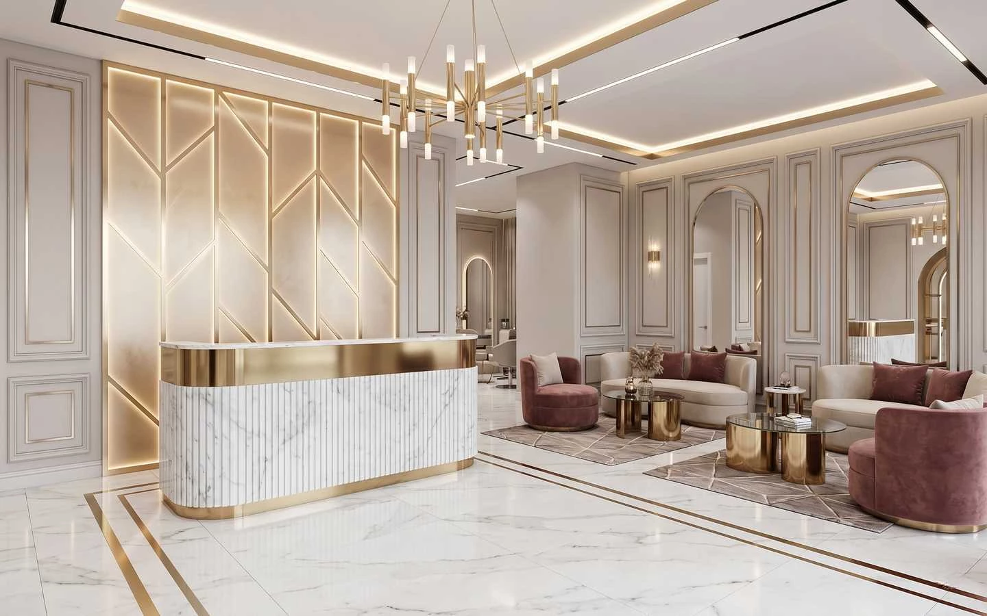 Upscale salon reception featuring a white marble desk with gold trim, geometric wall panels, velvet pink chairs, and a modern gold chandelier