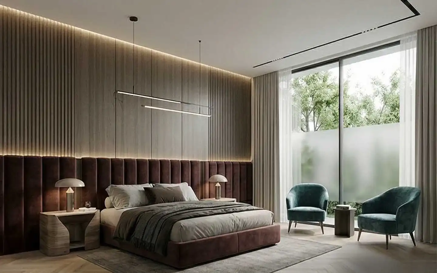 Luxury bedroom featuring a tall vertical tufted velvet headboard, fluted wall panels with cove lighting, and a modern seating area by floor-to-ceiling windows