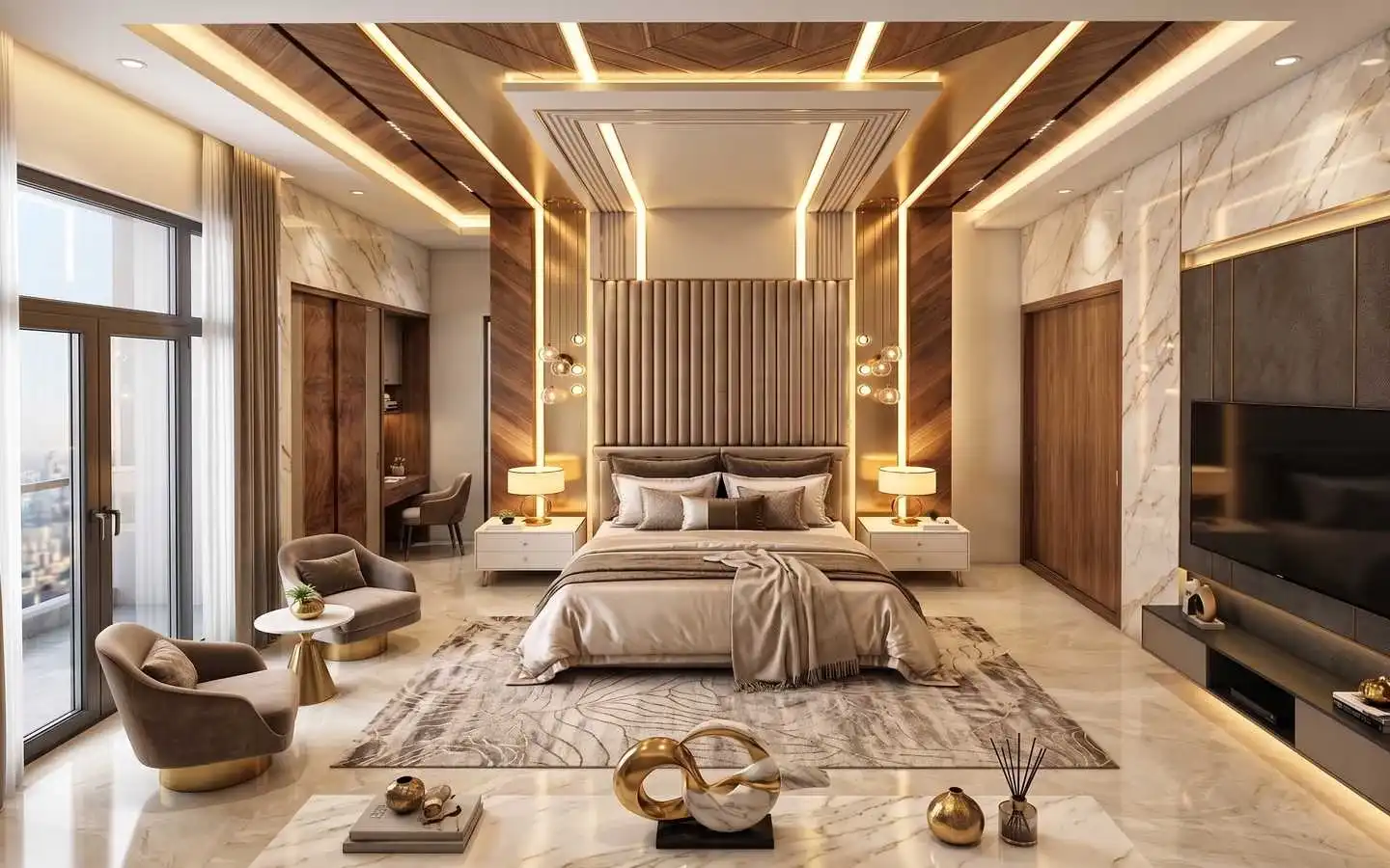 A luxurious master bedroom with an upholstered headboard, intricate wood-accented ceiling, and ambient lighting, designed by professional interior decorators in Delhi NCR