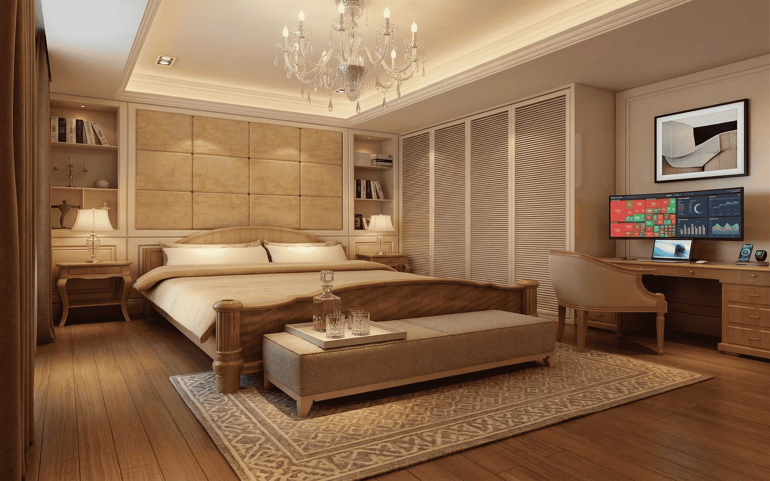 Luxury master bedroom featuring a built-in home office desk, velvet padded wall panels, classic crystal chandelier, and integrated wardrobes with louvered doors