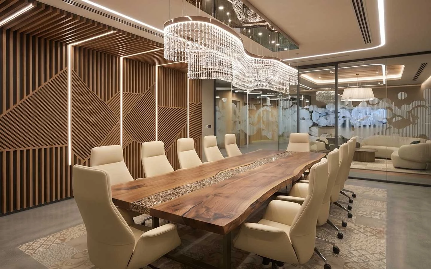 Luxury boardroom interior featuring a live edge wooden conference table, wave crystal chandelier, and geometric wood slat wall panels