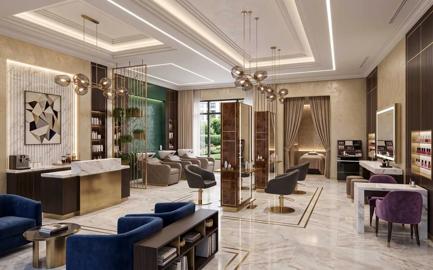 Luxury boutique salon interior featuring a marble reception desk, modern hair styling stations with gold accents, and a private spa treatment room