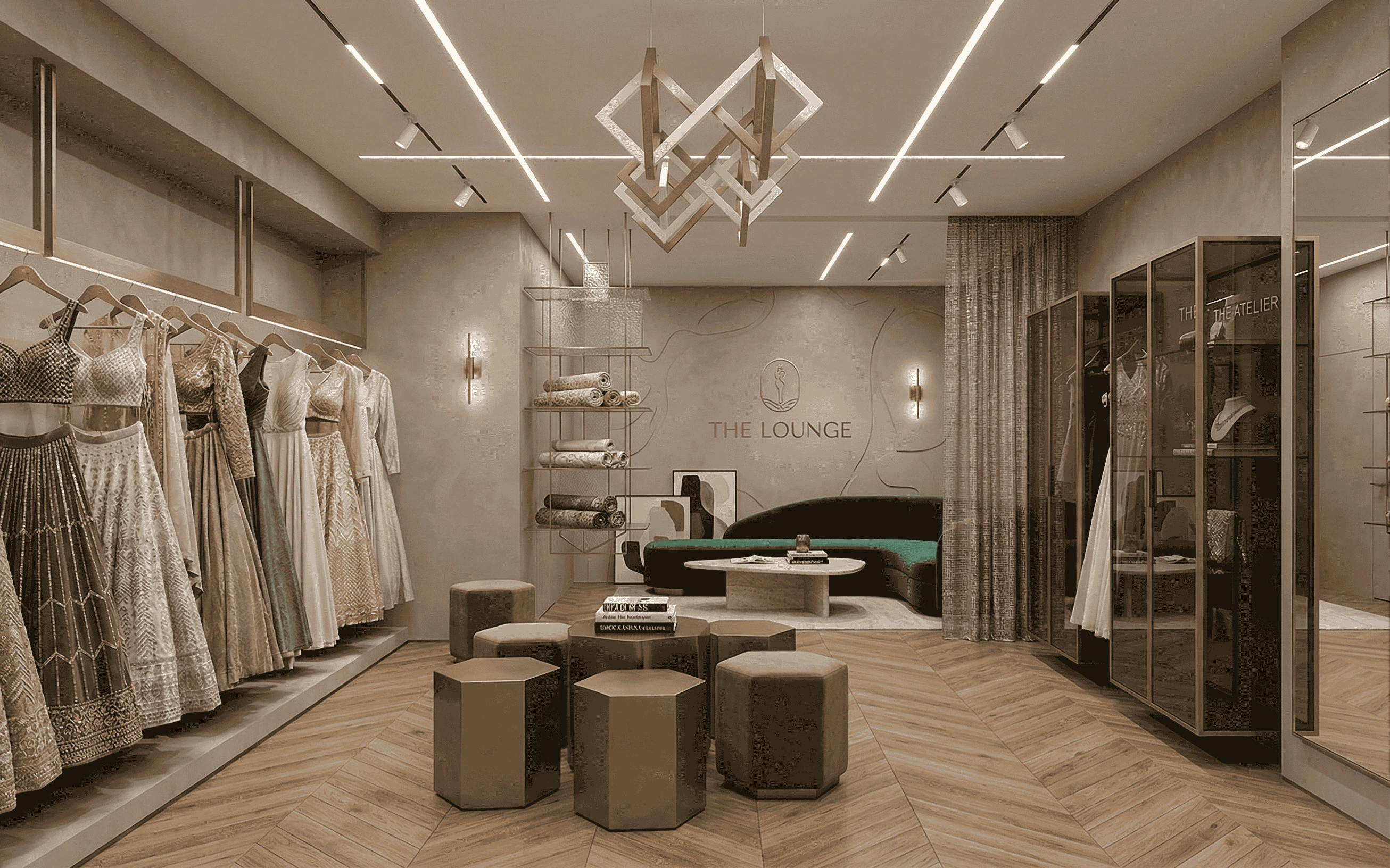 Luxury bridal boutique interior featuring a designer clothing showroom with hanging lehengas, a modern lounge area with a curved sofa, geometric velvet ottomans, and chevron wood flooring