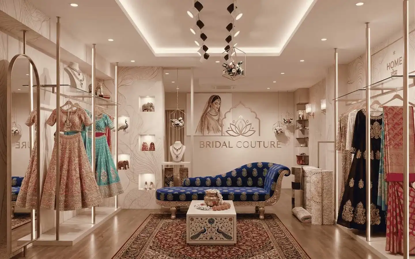 Elegant bridal couture showroom interior featuring luxury ethnic wear displays, a blue velvet chaise lounge, ornate rug, and warm ambient lighting