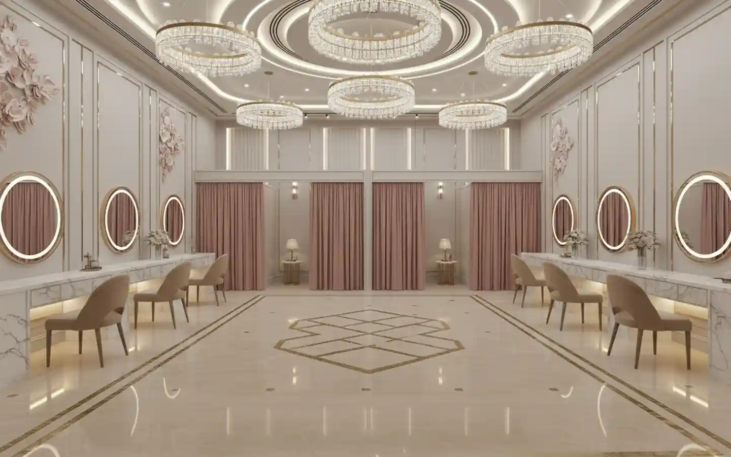 Elegant bridal makeup room with marble vanity counters, circular backlit mirrors, pink velvet curtains, and halo ring chandeliers