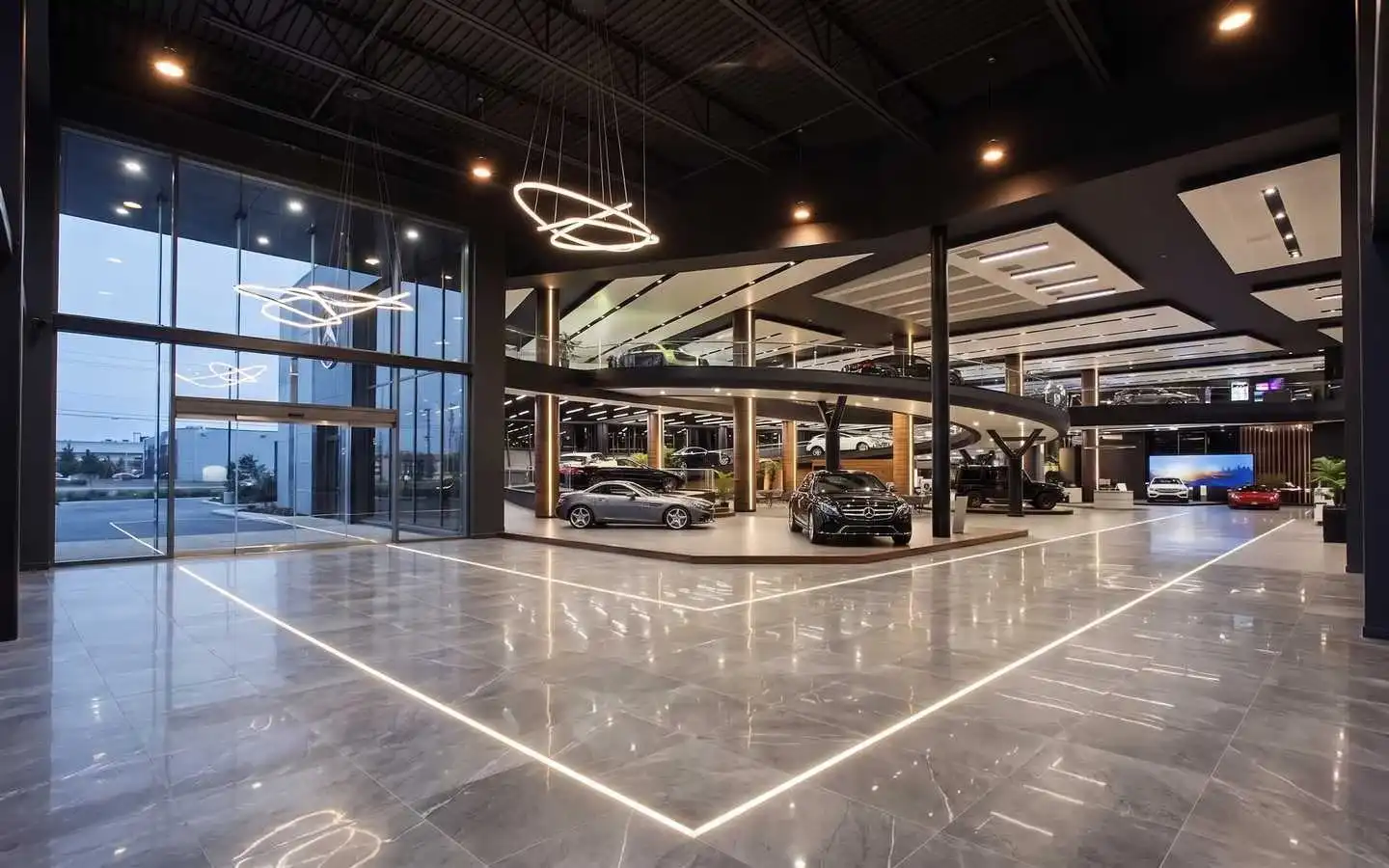 Modern luxury car showroom interior featuring marble flooring, minimalist LED lighting, and a multi-level vehicle display