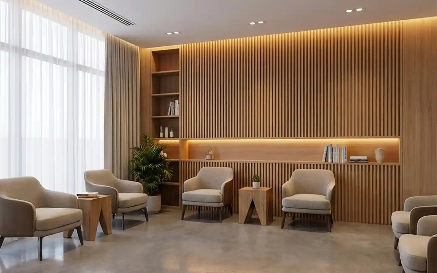 Upscale clinic waiting room featuring vertical wood slat wall paneling, warm cove lighting, and comfortable lounge seating