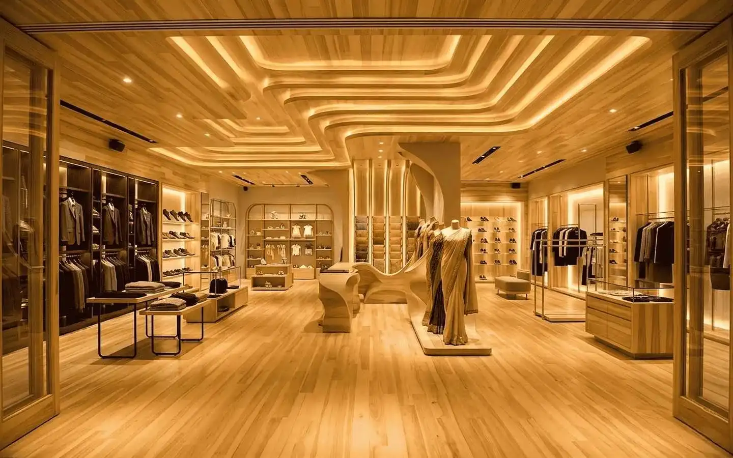 Luxury clothing boutique interior featuring a custom tiered wooden ceiling with recessed warm lighting, sleek wood flooring, and minimalist garment displays