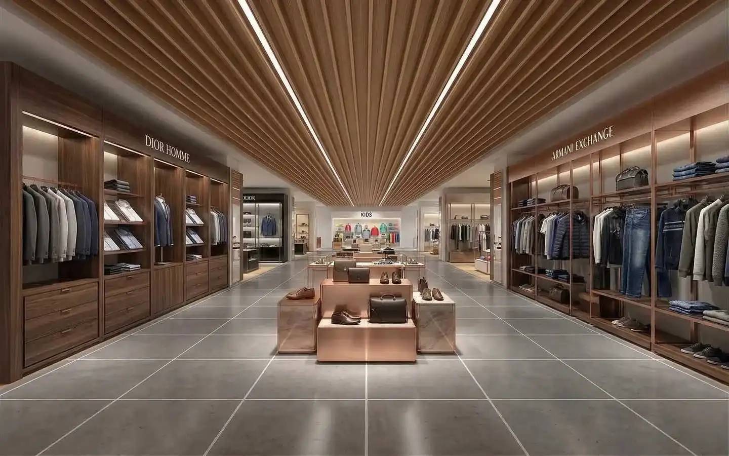 Modern luxury retail showroom interior featuring wood slat ceilings, custom dark wood cabinetry for Dior Homme, and rose gold display pedestals