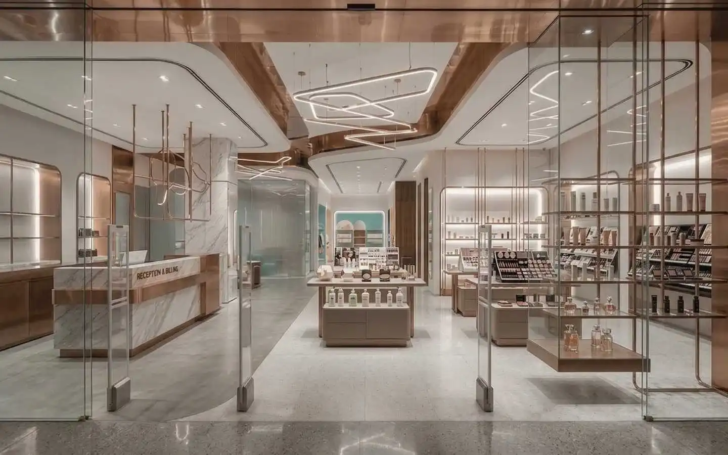 Luxury cosmetic clinic and retail interior featuring a white marble reception desk, copper metal accents, and a modern geometric LED pendant light
