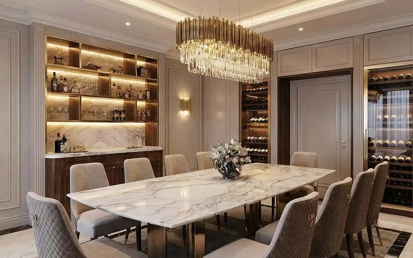 Modern luxury dining room featuring a white marble dining table, quilted velvet chairs, a grand gold crystal chandelier, and a built-in home bar with a glass-front wine cellar