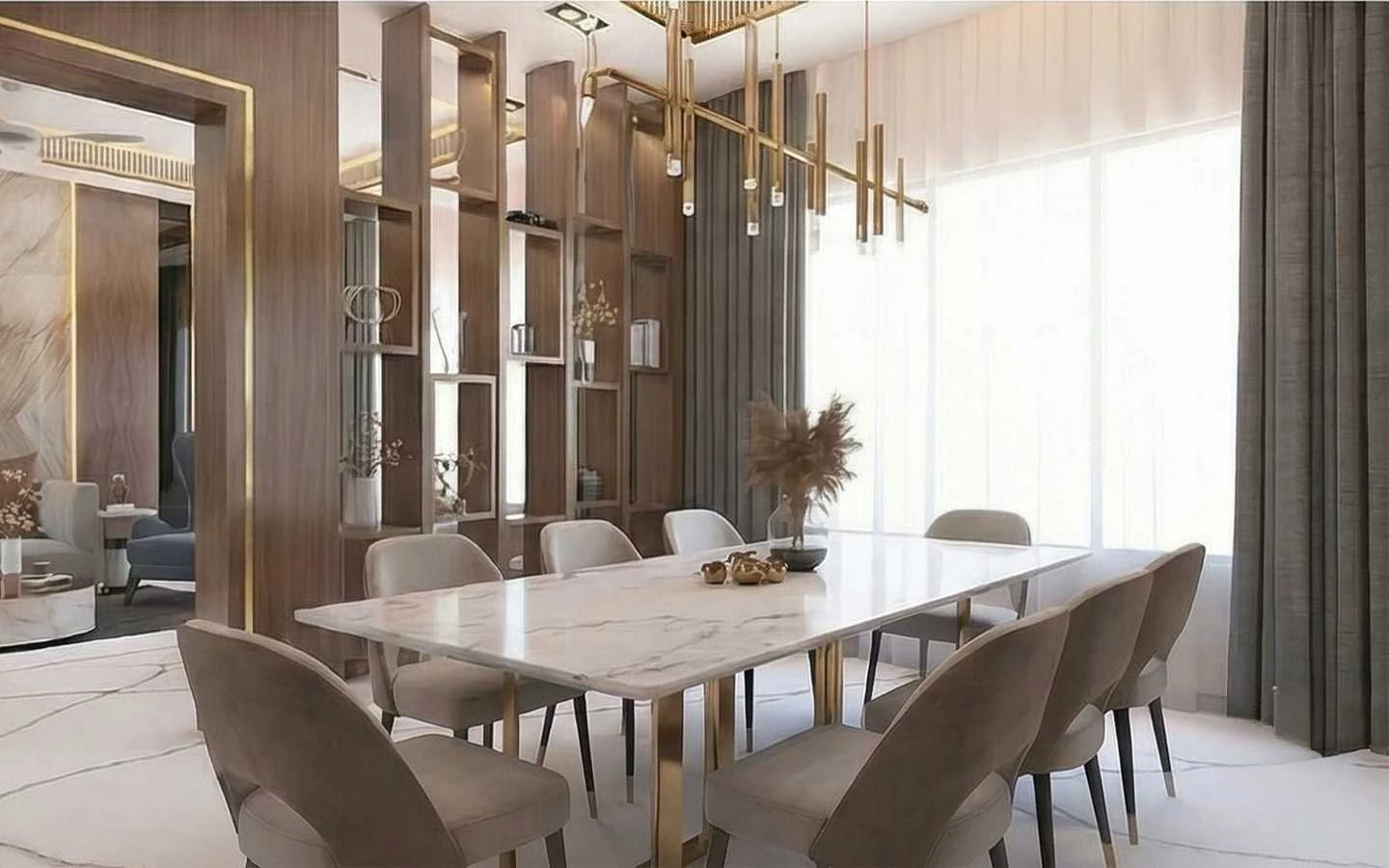 Modern luxury dining room featuring a white marble table with gold legs, velvet chairs, a contemporary gold pendant light, and a decorative wood slat room divider
