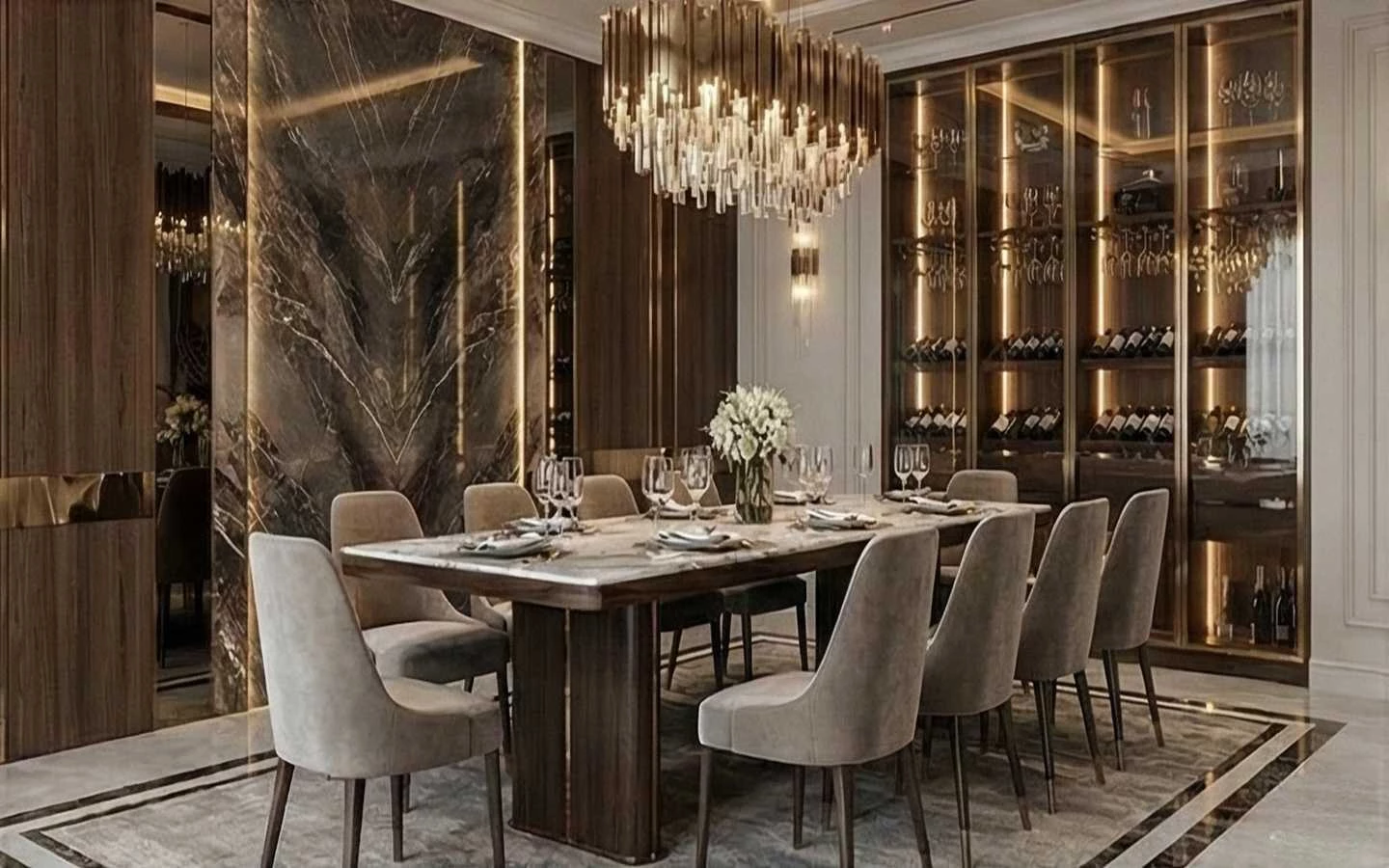 Elegant luxury dining room featuring a dark marble accent wall, a grand crystal chandelier, a marble-top dining table, and a backlit built-in wine display cabinet