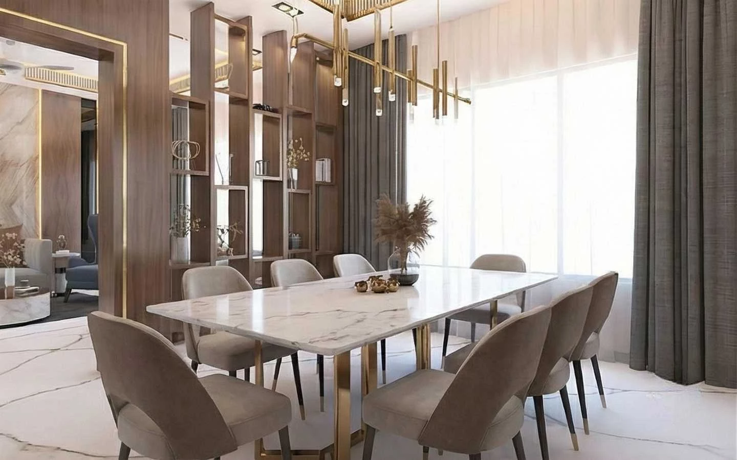 Luxury dining room featuring a white marble dining table with gold legs, beige upholstered chairs, a custom wood slat room divider with display shelving, and a modern gold linear chandelier.