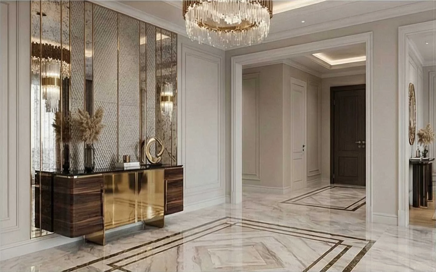 Elegant luxury entrance hallway featuring a patterned marble floor, a floating wood and gold console table, and textured mirrored wall panels