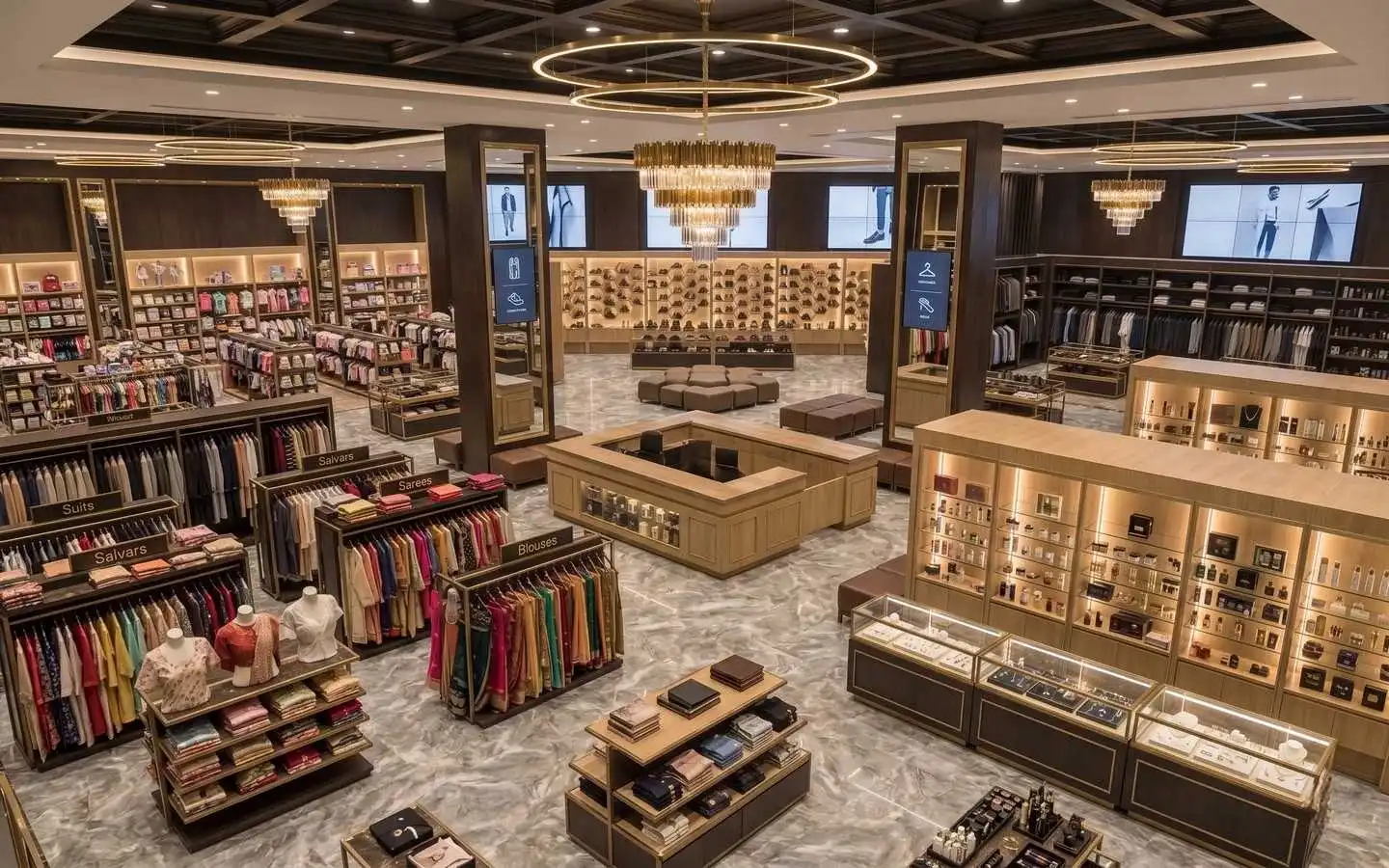 Large luxury showroom interior featuring ethnic wear sections for sarees and blouses, a perfume gallery, marble flooring, and grand gold chandeliers