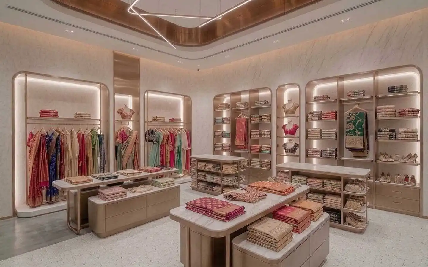 Elegant luxury retail interior for an ethnic wear boutique featuring backlit gold-framed garment displays, marble-topped tables, and traditional silk sarees