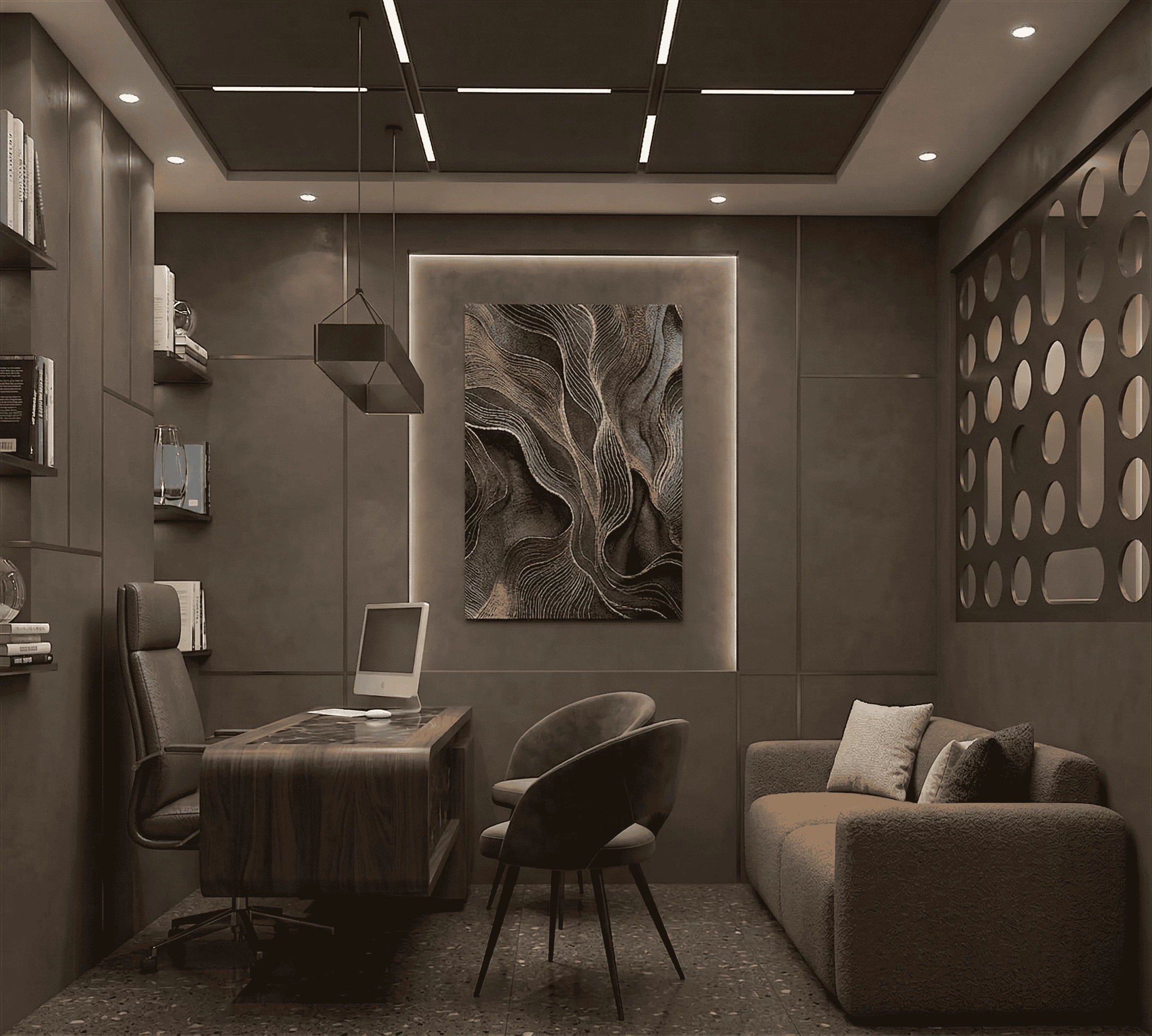 Modern executive office interior featuring a dark color palette, wood grain desk, velvet accent chairs, a gray sofa, and a backlit abstract wall art piece
