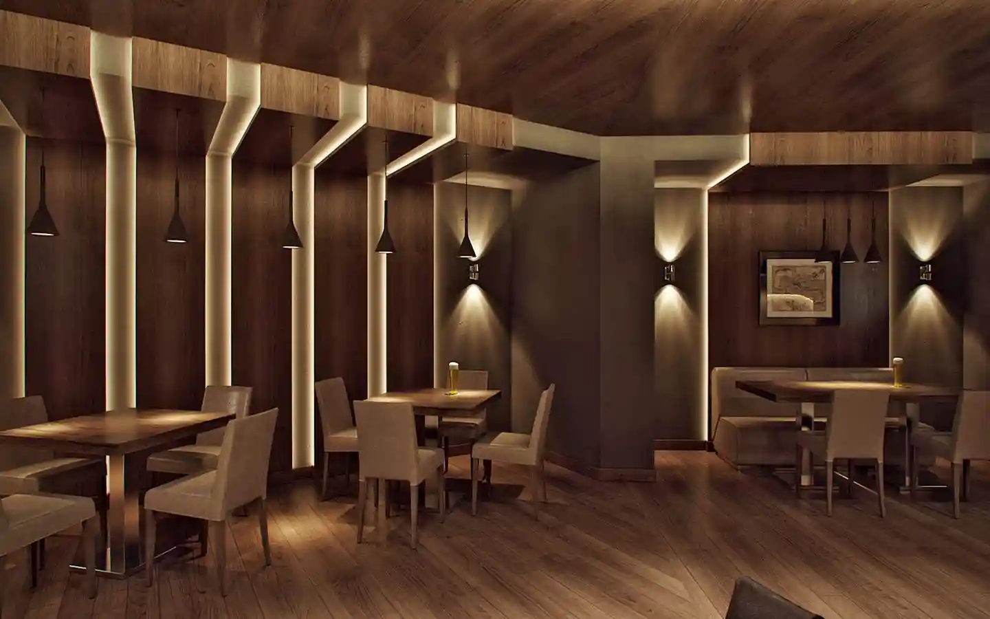 Upscale restaurant interior design featuring vertical wood paneling with integrated LED strip lighting, warm ambient sconces, and minimalist wooden tables