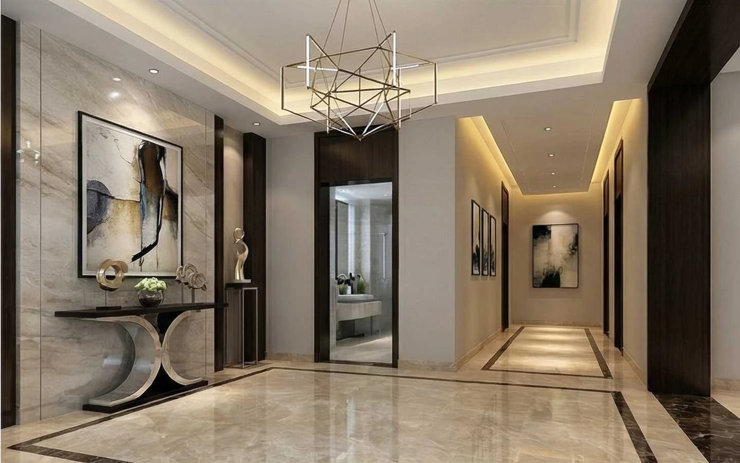 Luxury foyer and hallway design featuring polished marble flooring, a contemporary gold geometric chandelier, elegant wall art, and a designer console table