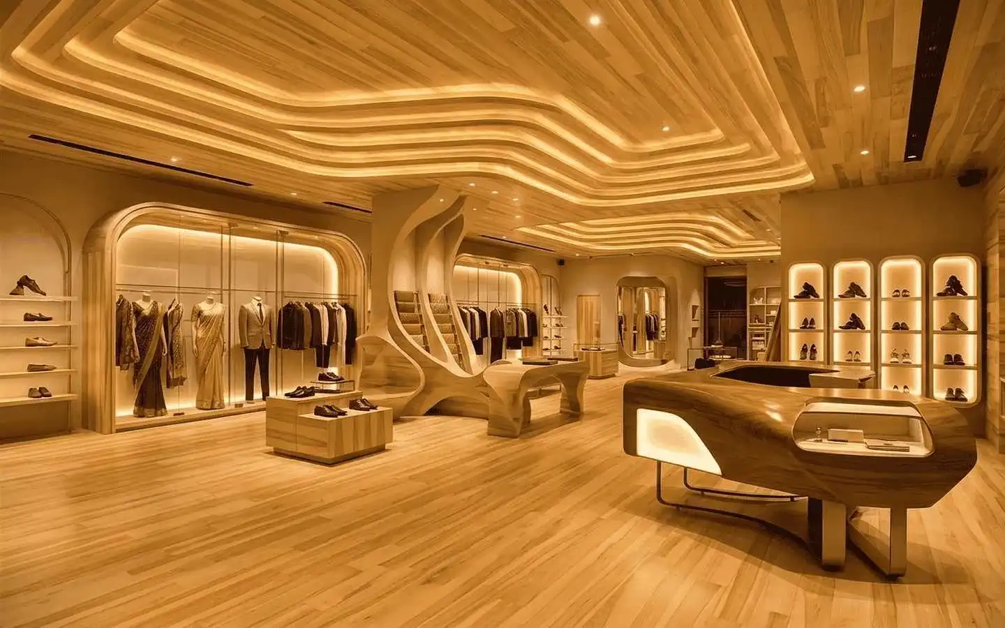 Luxury clothing showroom interior featuring organic curved wood ceiling panels and warm ambient lighting