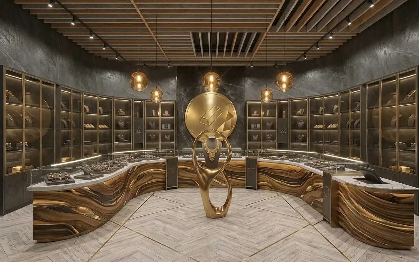 Luxury jewelry showroom interior featuring a curved gold-marble display counter, wall-mounted glass showcases, and a modern slatted ceiling with amber pendant lights