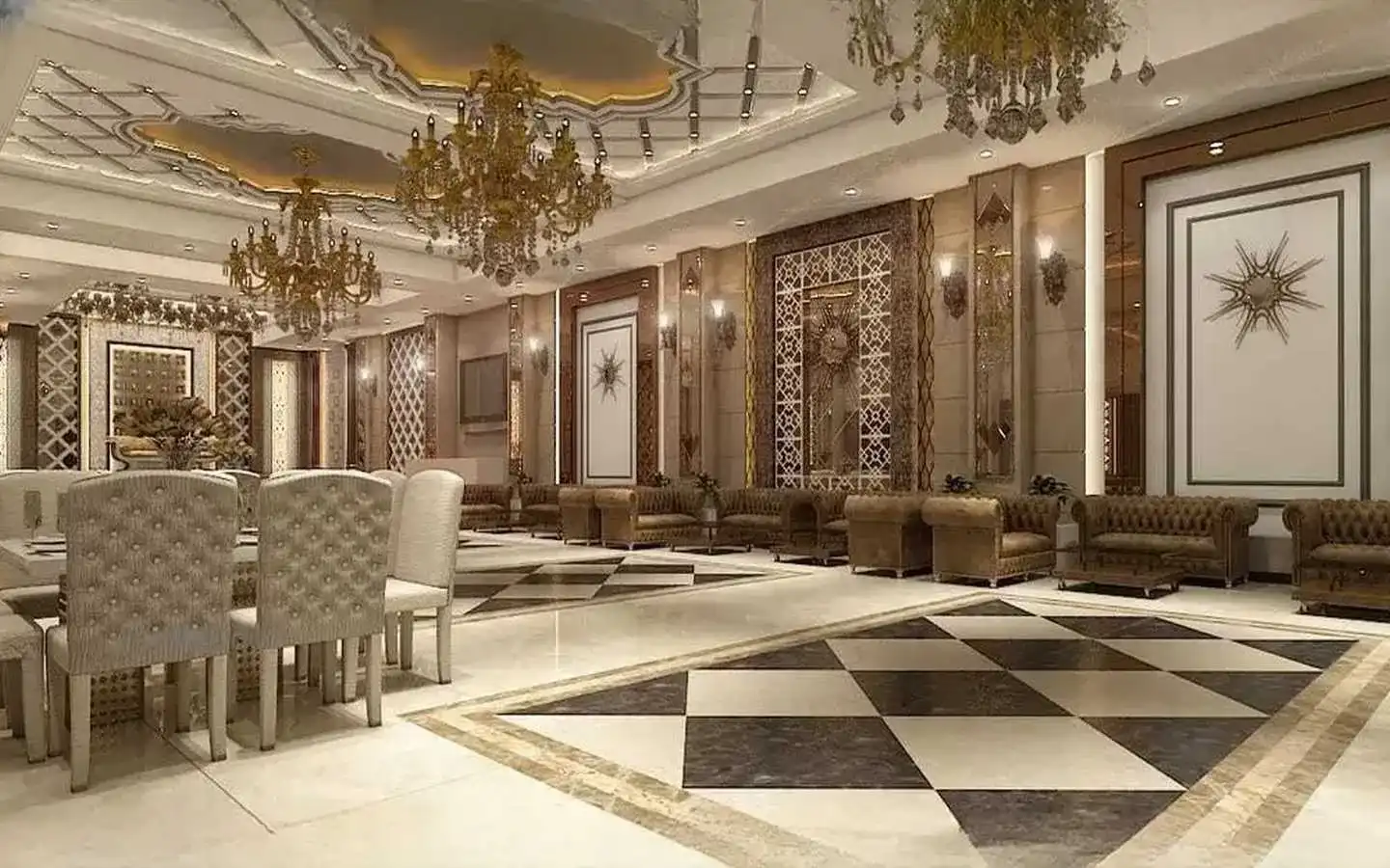 Luxury grand banquet hall interior featuring ornate coffered ceilings, gold chandeliers, marble checkered flooring, and tufted leather seating