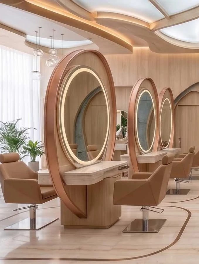 Upscale hair salon interior featuring custom circular LED-backlit mirrors with rose gold frames and tan leather styling chairs