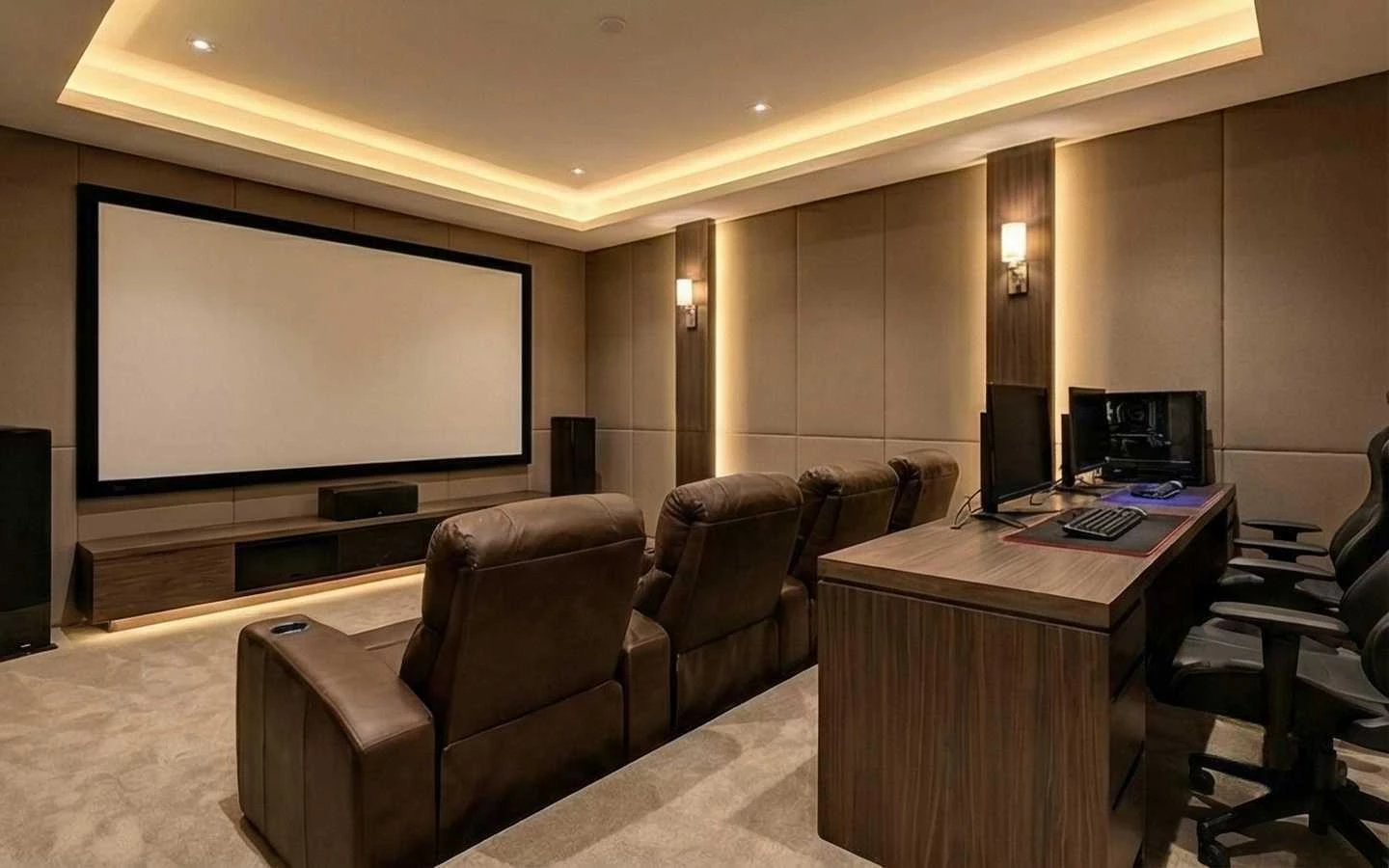 Luxury home theater featuring brown leather recliner seating, a large projection screen, acoustic wall panels with warm LED backlighting, and an integrated dual-monitor gaming desk