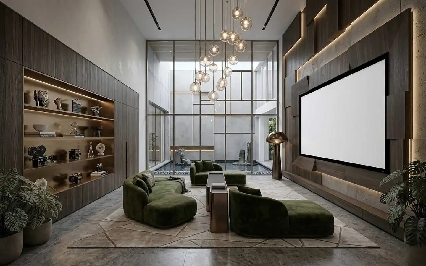 Modern luxury home theatre room featuring a large projection screen on a geometric wood-paneled wall, green velvet lounge seating, and a glass-enclosed indoor reflection pool