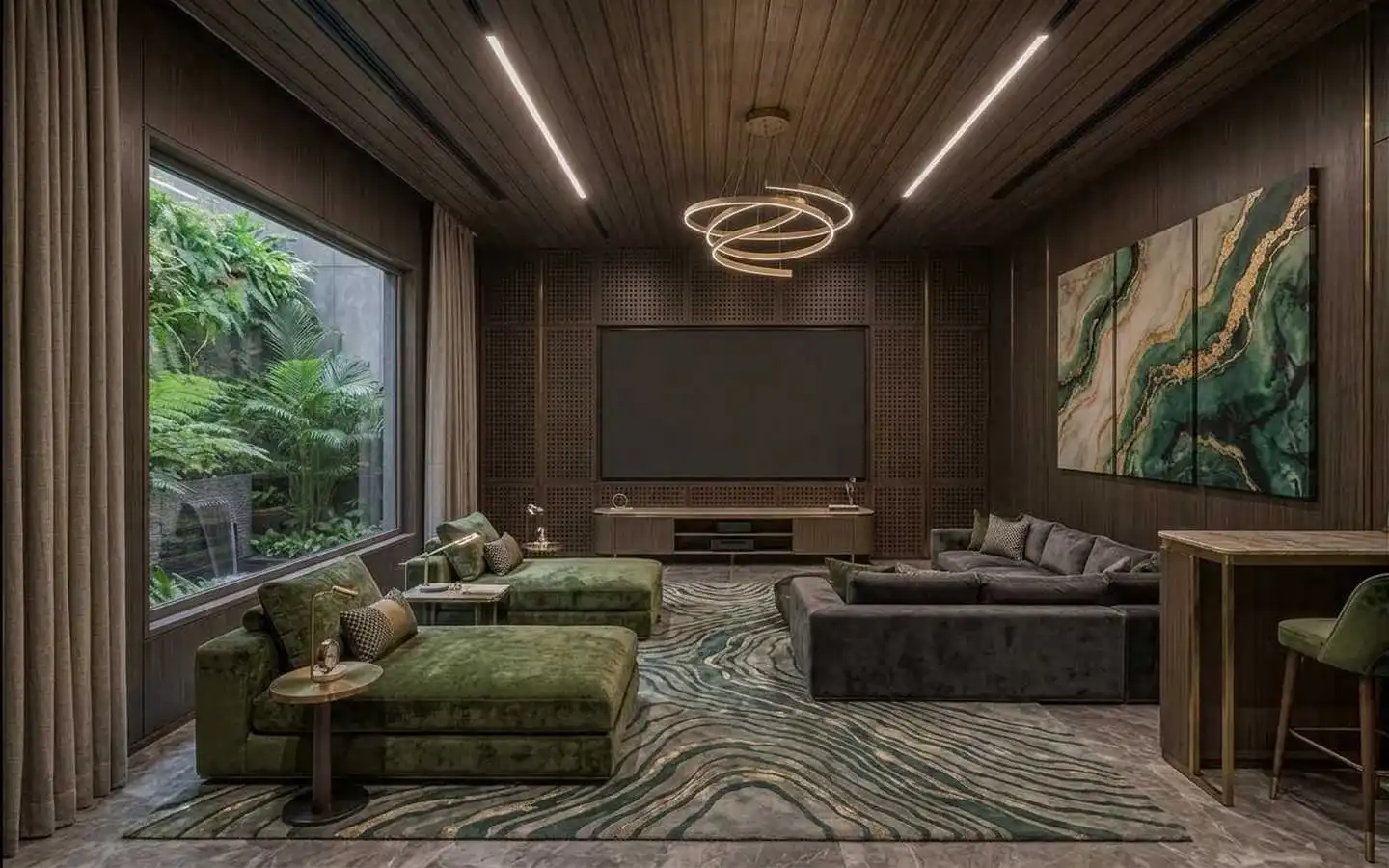 Luxury home cinema room featuring acoustic dark wood wall paneling, a large flat-screen TV, velvet daybeds, and a linear LED-lit slat ceiling with views of a tropical vertical garden